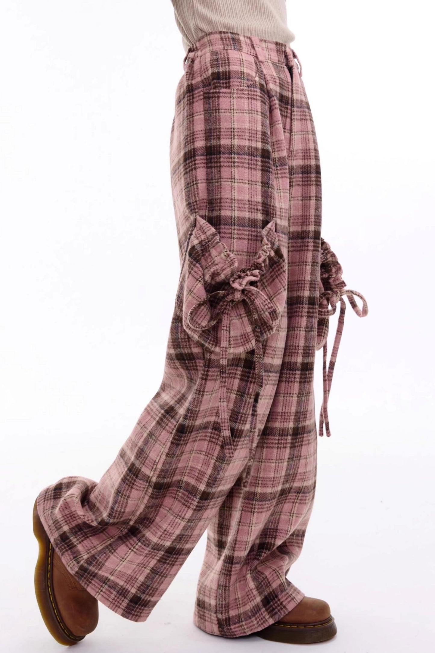 American Pink Plaid Wide-Leg Slacks