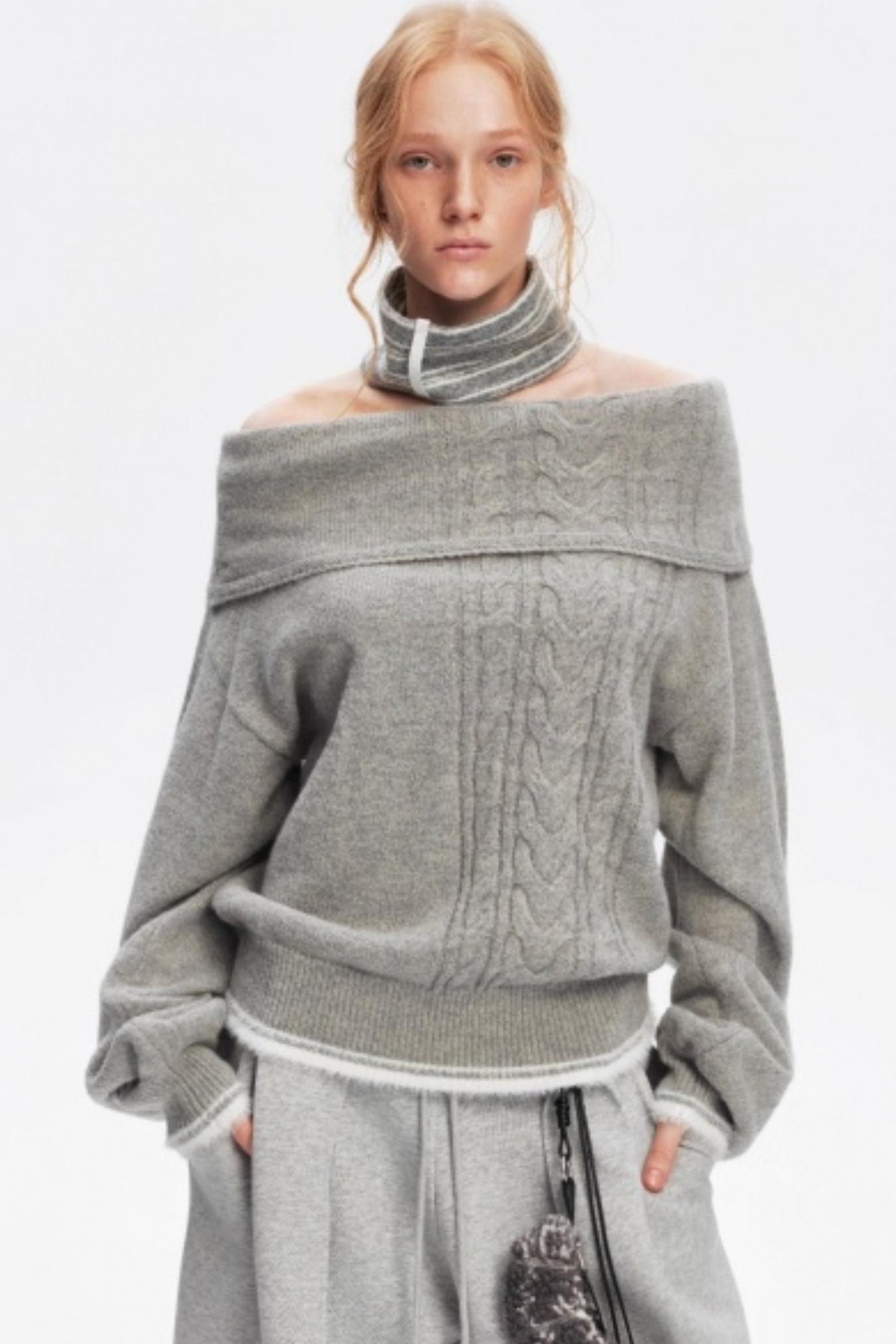 Off-Shoulder Color-Blocked Knit Sweater