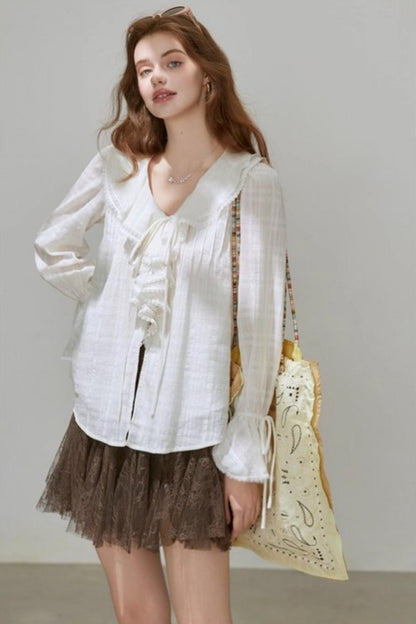 White V-Neck Ruffled French Top Shirt