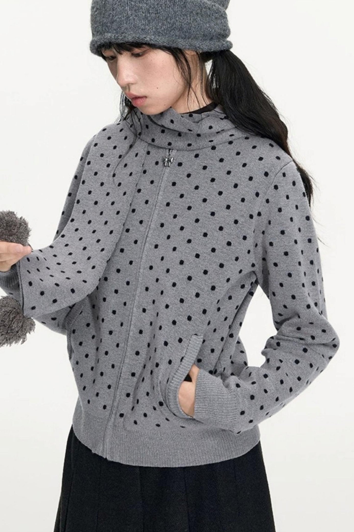 Polka Dot Hooded Knit Sweater Skirt Set-Up