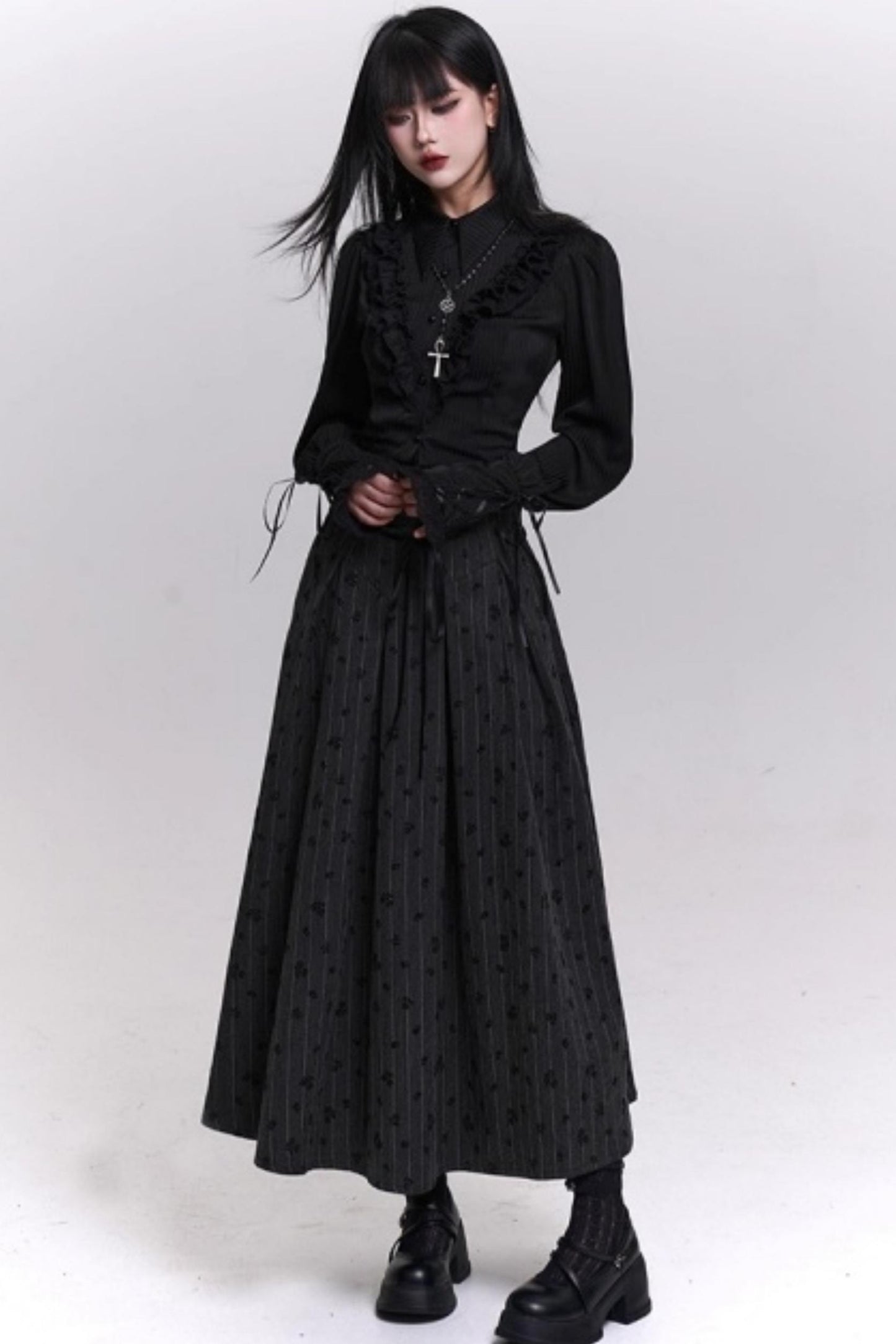 Gray Striped A-Line Skirt