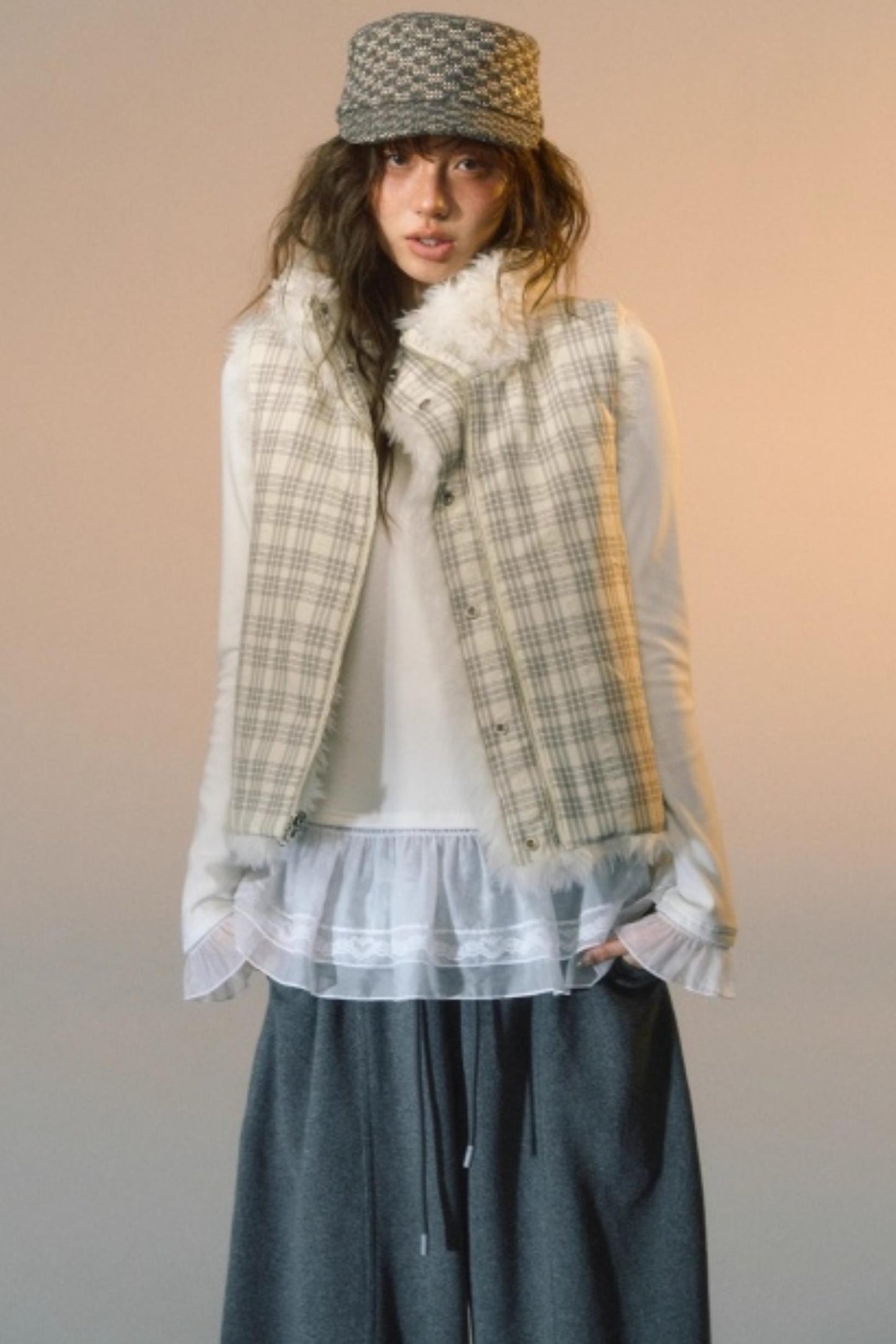 Plaid Patchwork Lamb Wool Reversible Vest