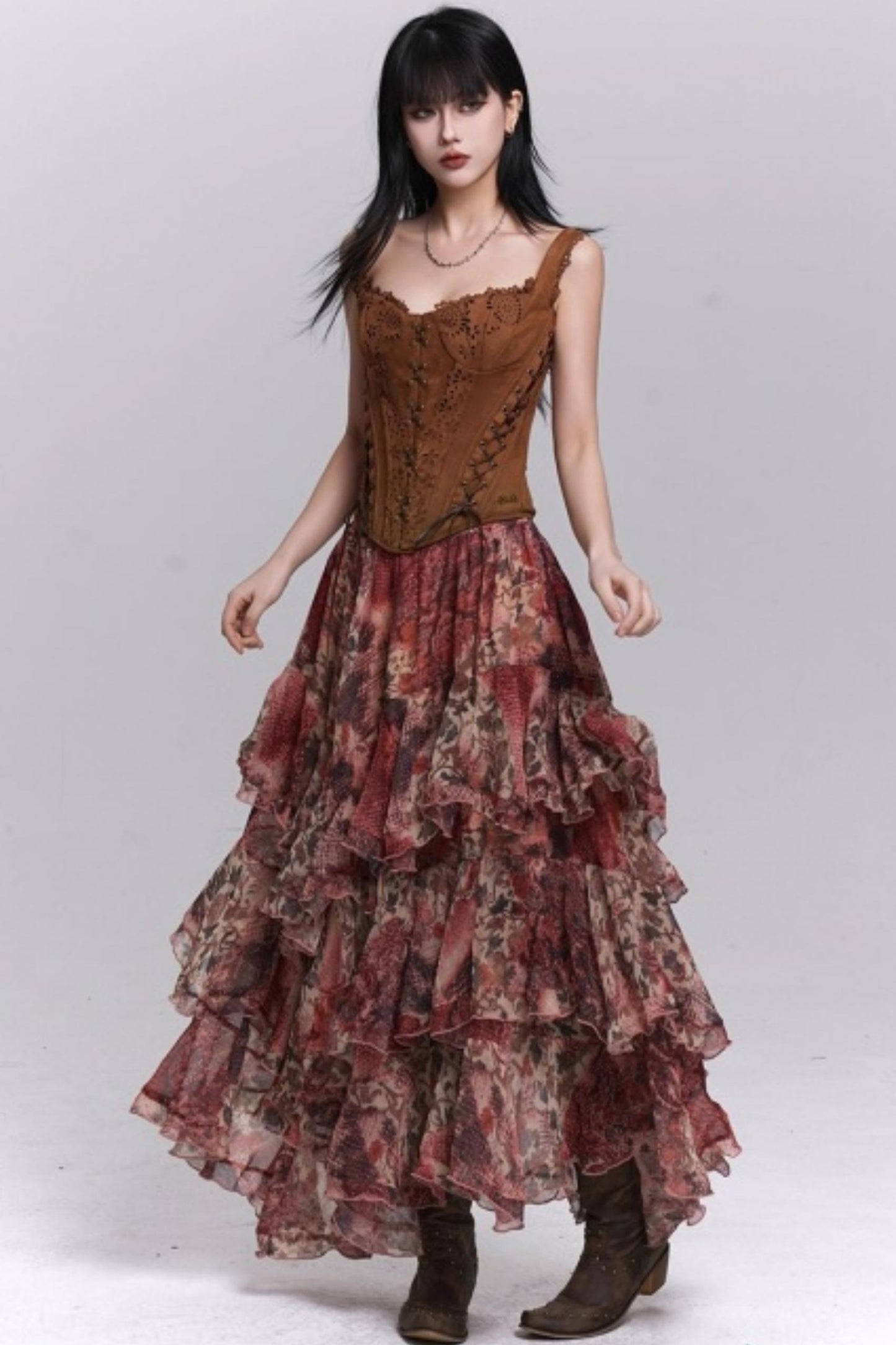 Red Floral Tiered Skirt