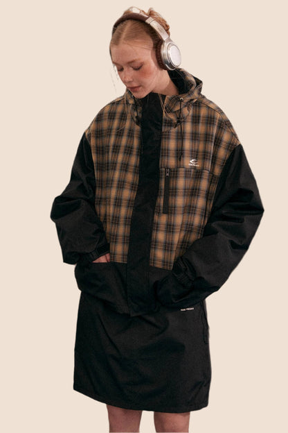 Retro Plaid Stitching Hooded Jacket Set-Up