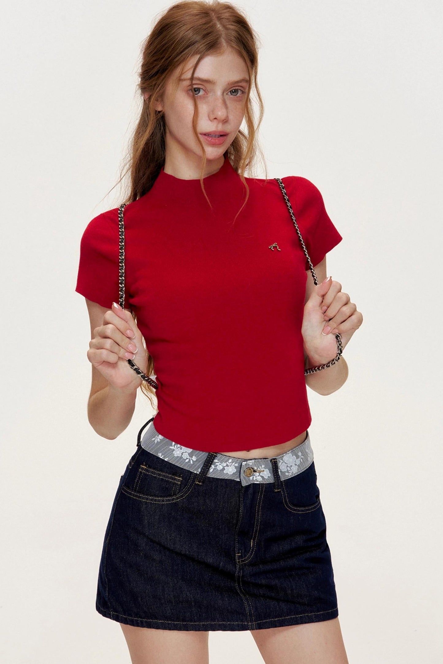 French Lace-panel A-line Denim Skirt