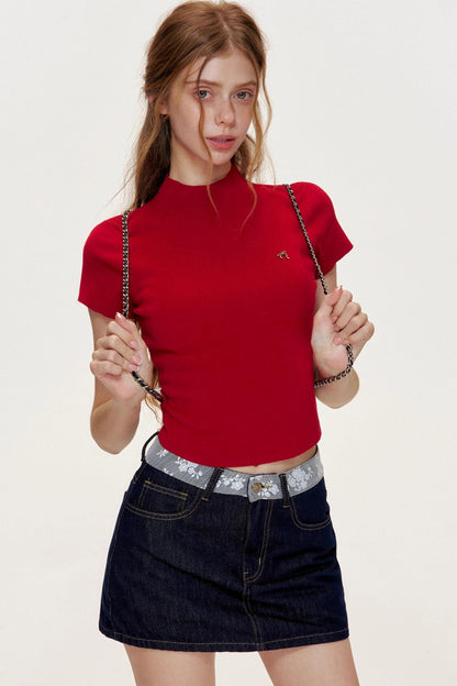 French Lace-panel A-line Denim Skirt