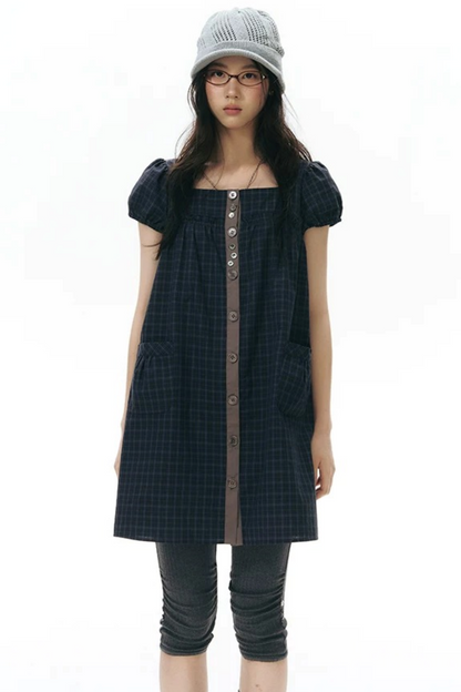 Plaid Puff Sleeve Babydoll Dress