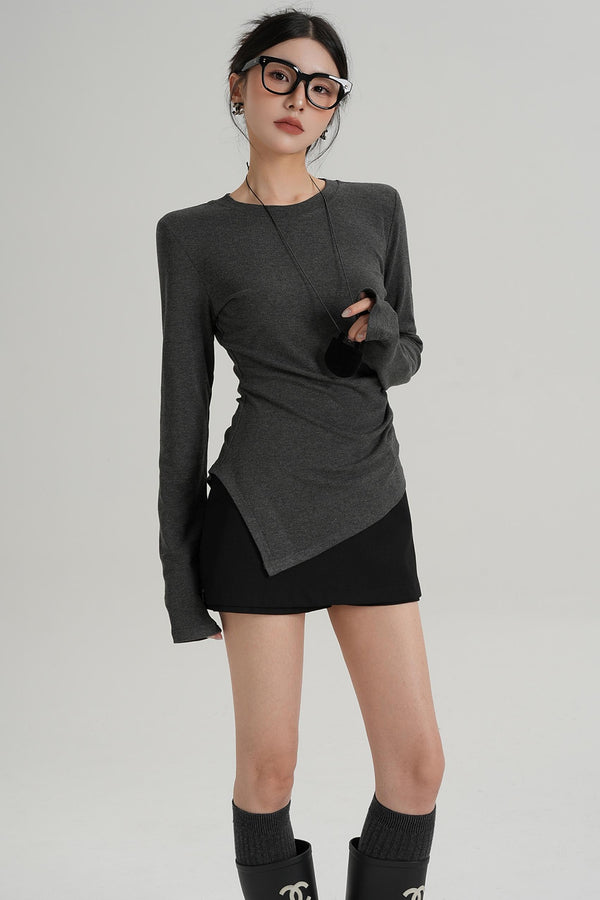 Shoulder Pads Hem Slit Long Sleeve T-shirt