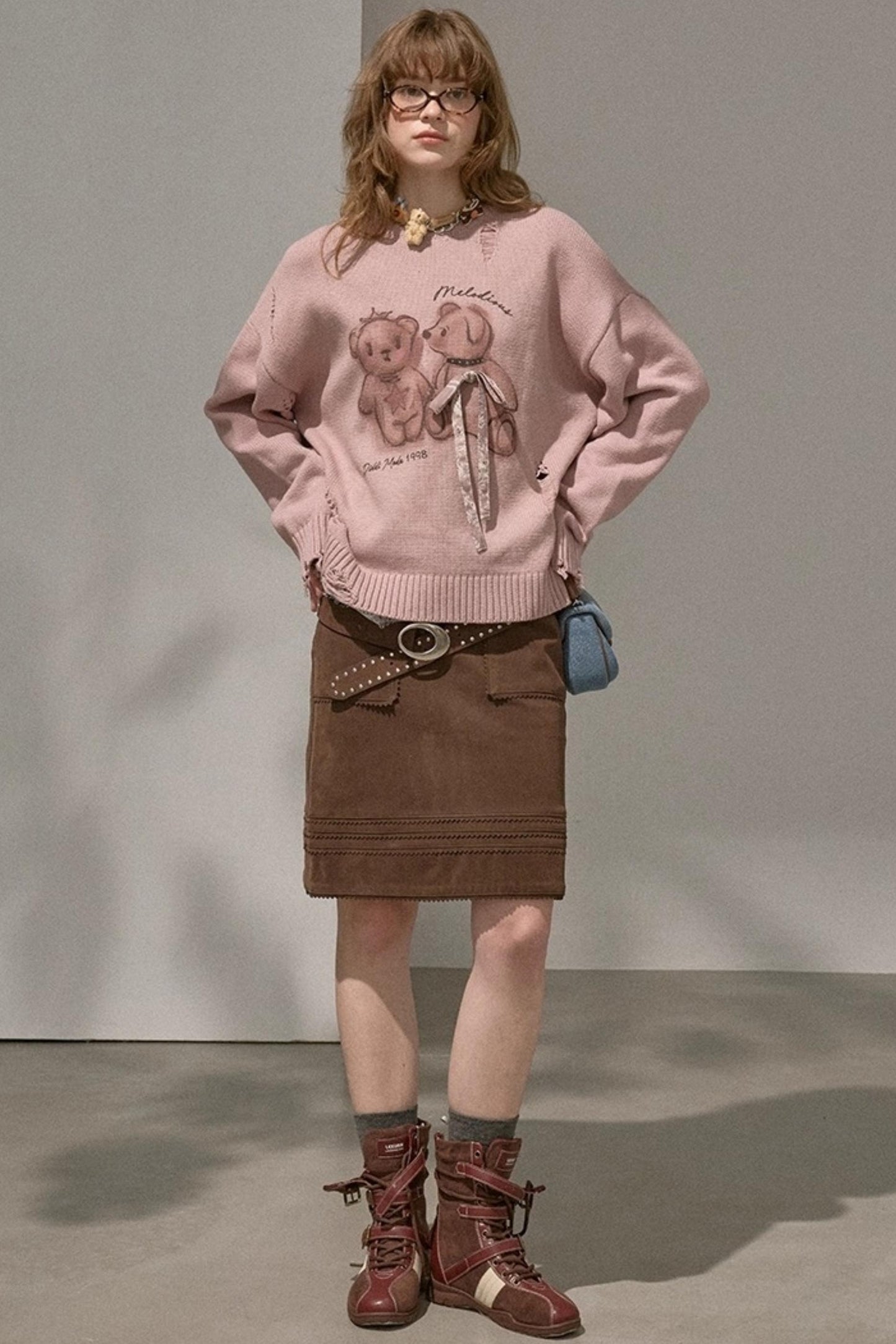 Layering Wave Lace Leather Skirt