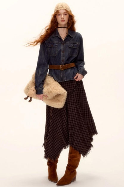 Frayed Hem Plaid Midi Skirt Belt Set