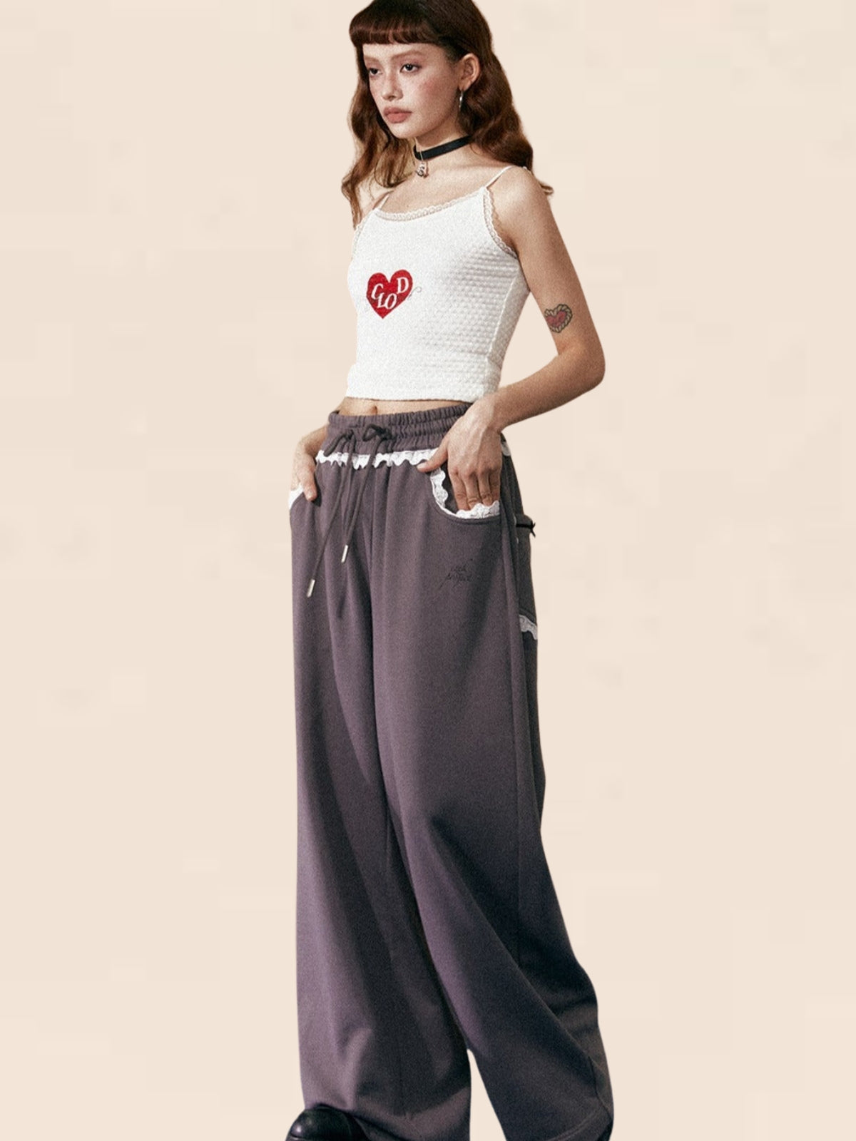 White Trim waist Long Loose Pants