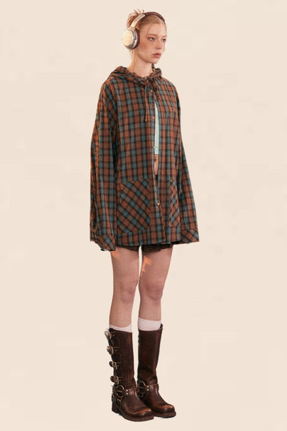 Plaid Contrast Hooded Long Sleeve Shirt