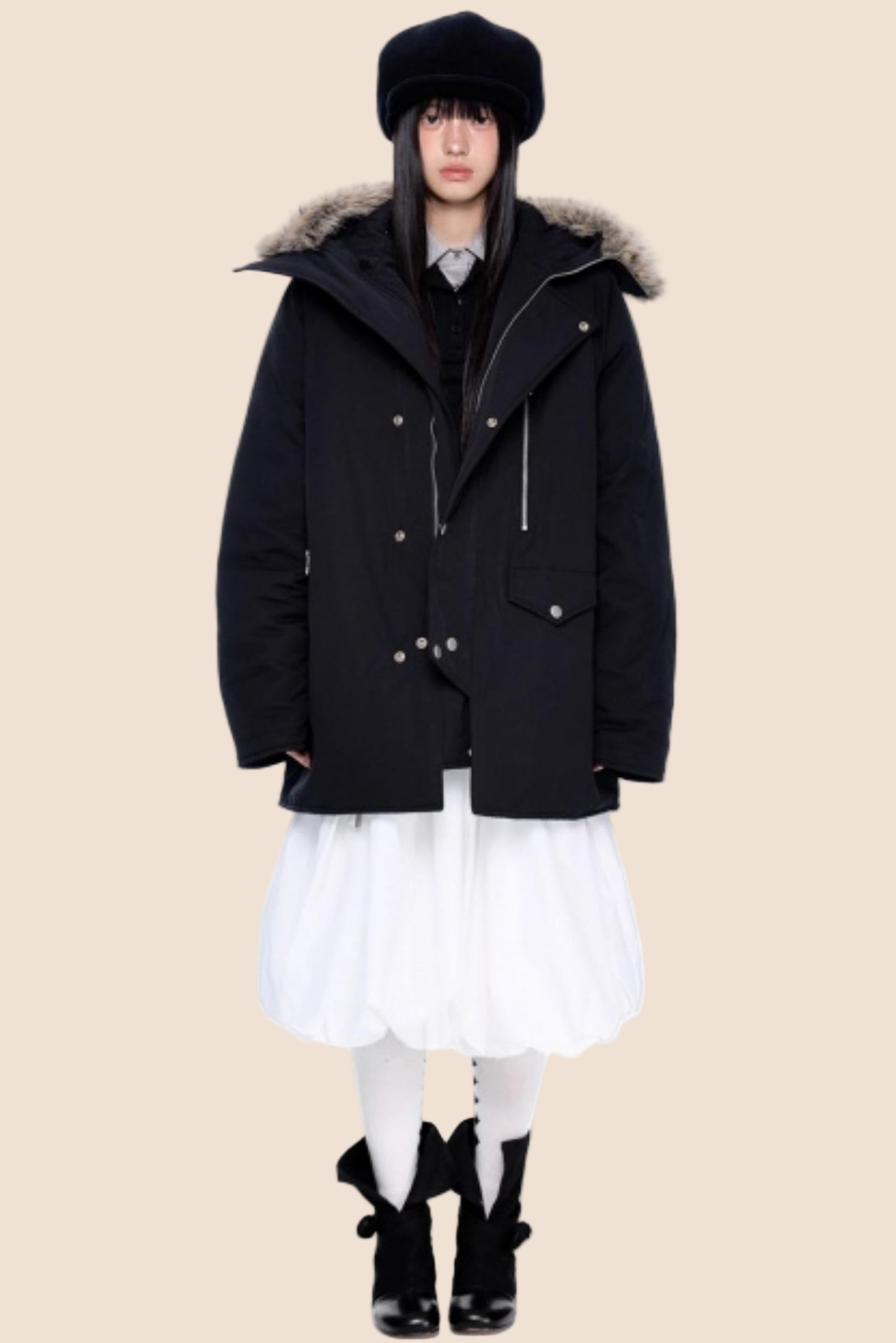 Fur Collar Hooded Parka Coat