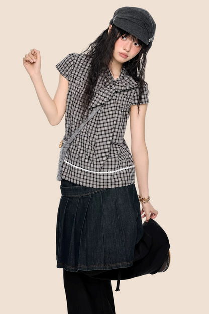 Top color-block con fiocco a quadri