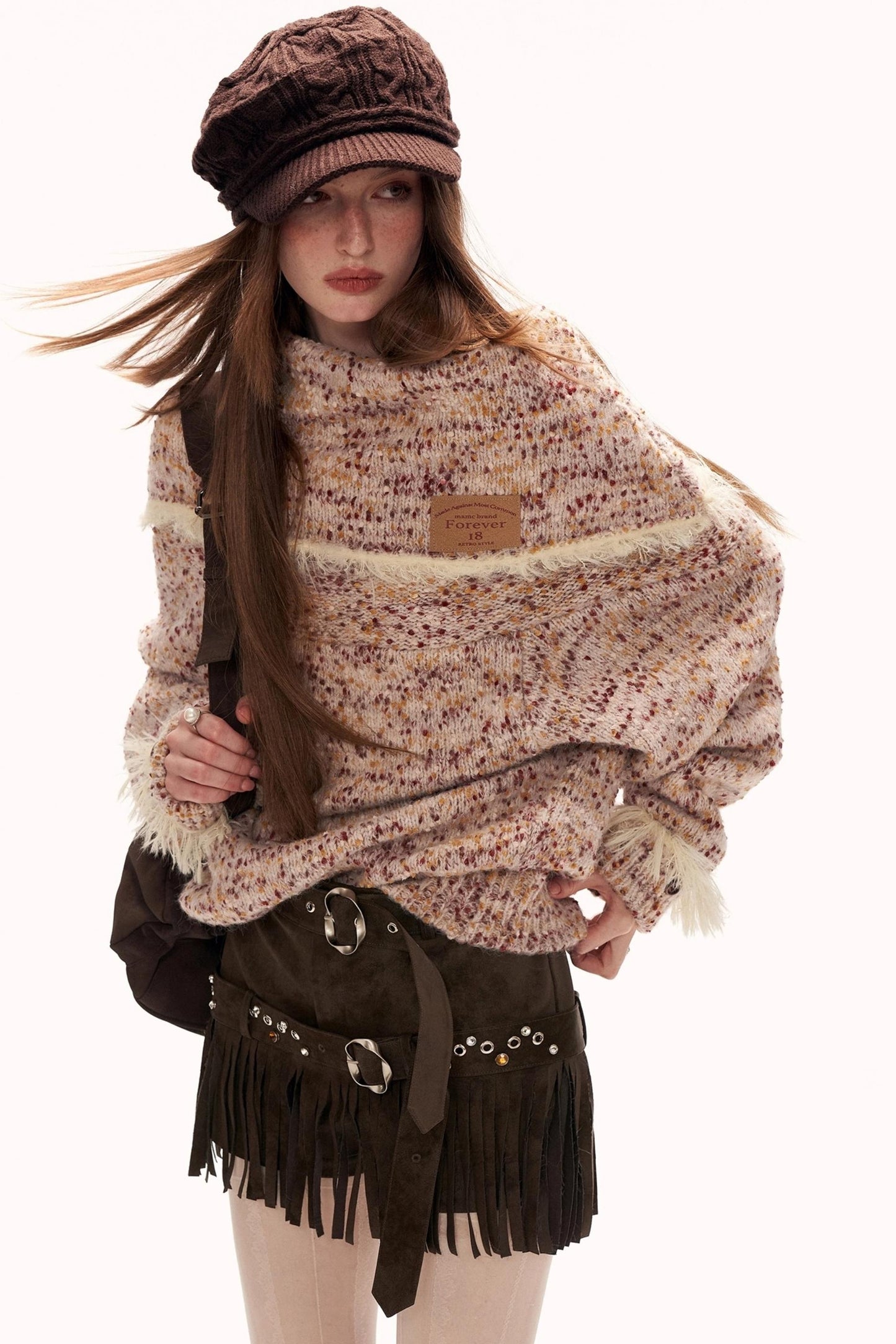 Mixed Yarn Slanted Shoulder Sweater