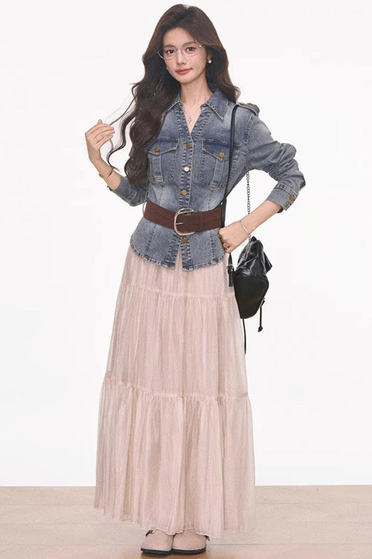 Waist-Cinching Denim Jacket and Skirt Set-Up