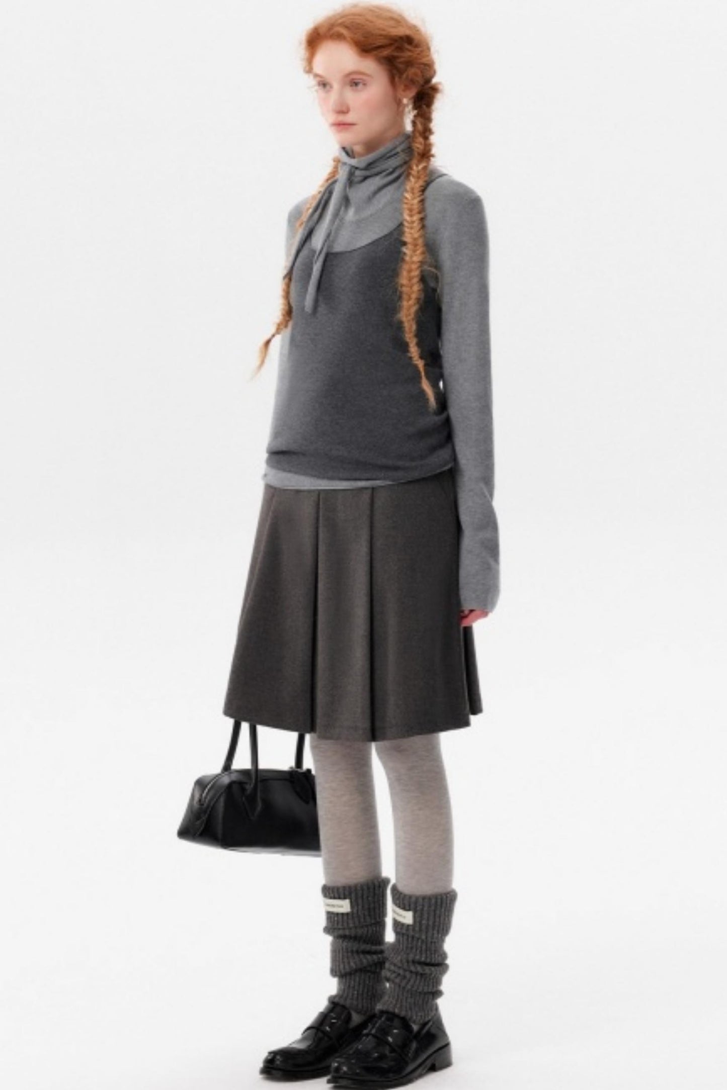 Gray Wool Scarf Collar Top Set-Up