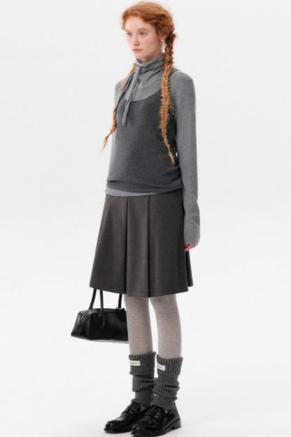 Gray Wool Scarf Collar Top Set-Up