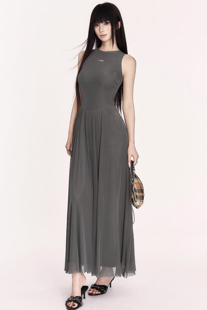 Relaxed French Mesh A-Line Long Dress