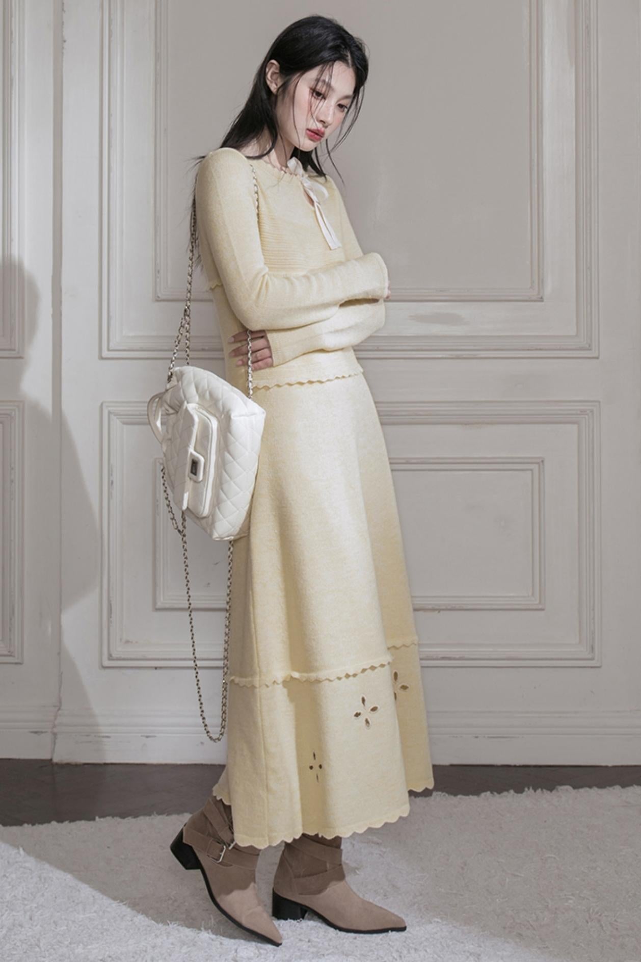 Cream Gray Lace Wool Dress