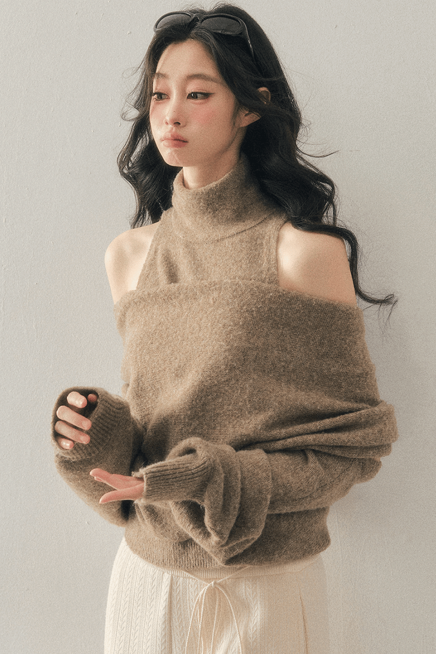 High-Neck Off-Shoulder Knit Sweater Set