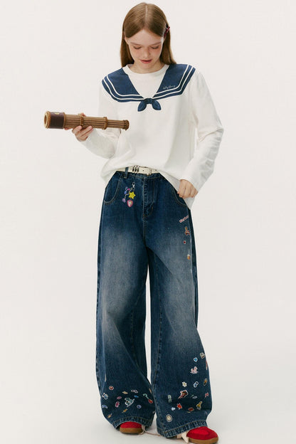 Navy Collar Print Long Sleeve Top