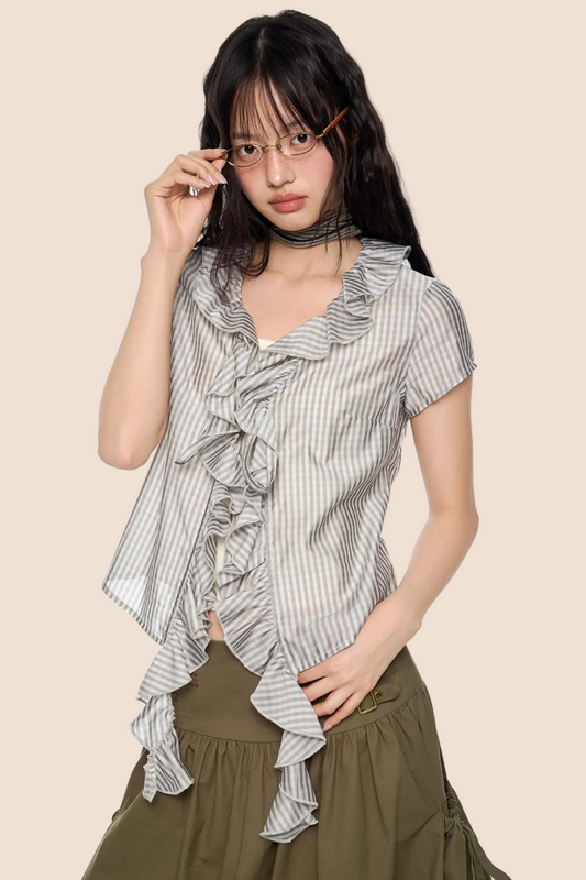 Lace V-Neck Plaid Blouse