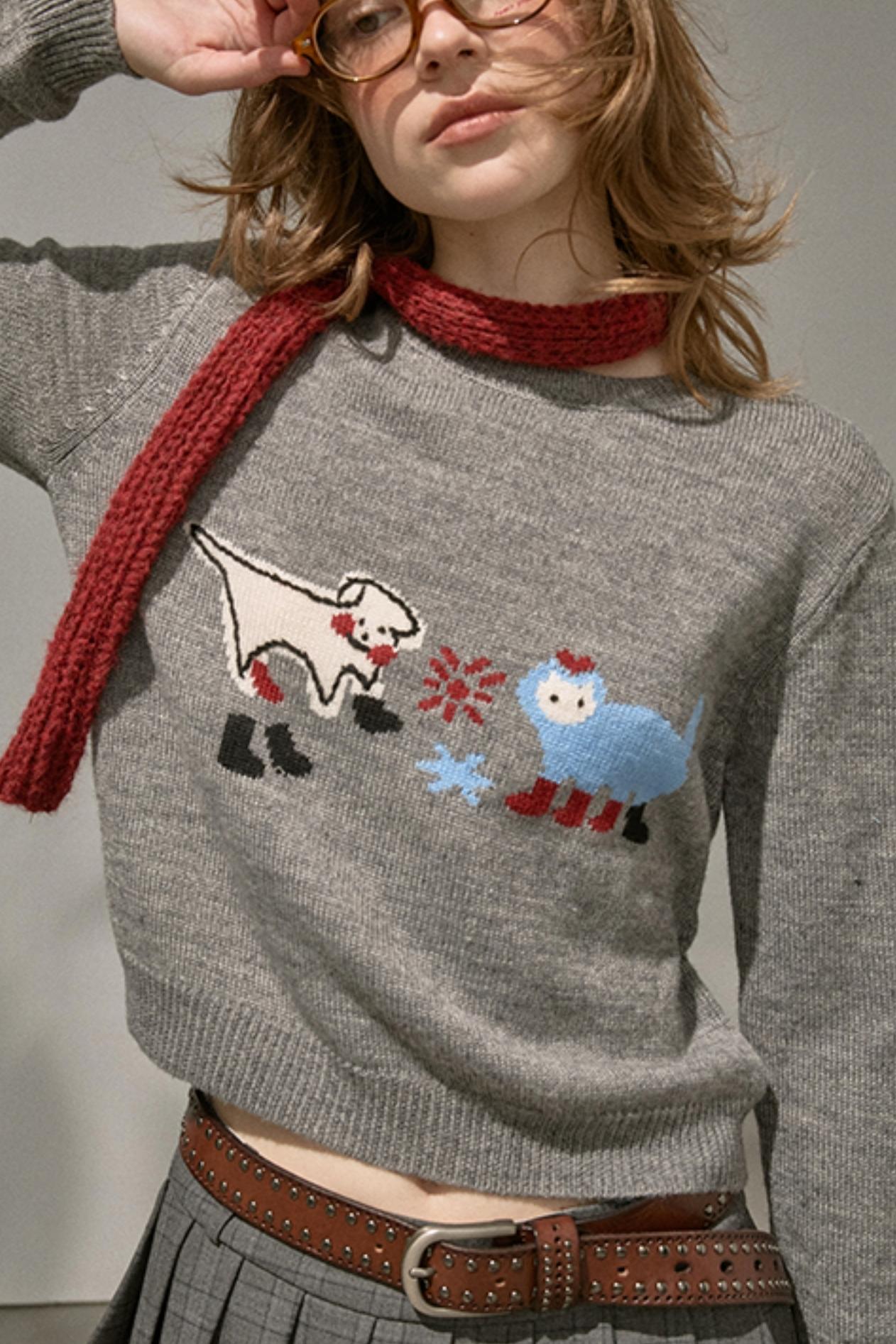 Kitten Puppy Embroidered Wool Blend Top