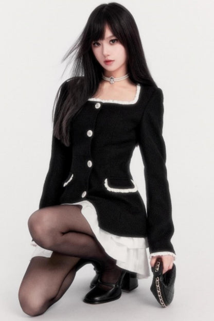 Retro Tweed Waist Jacket Dress Set-Up