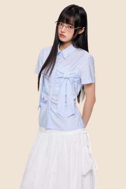 Light Blue Striped Bow Blouse