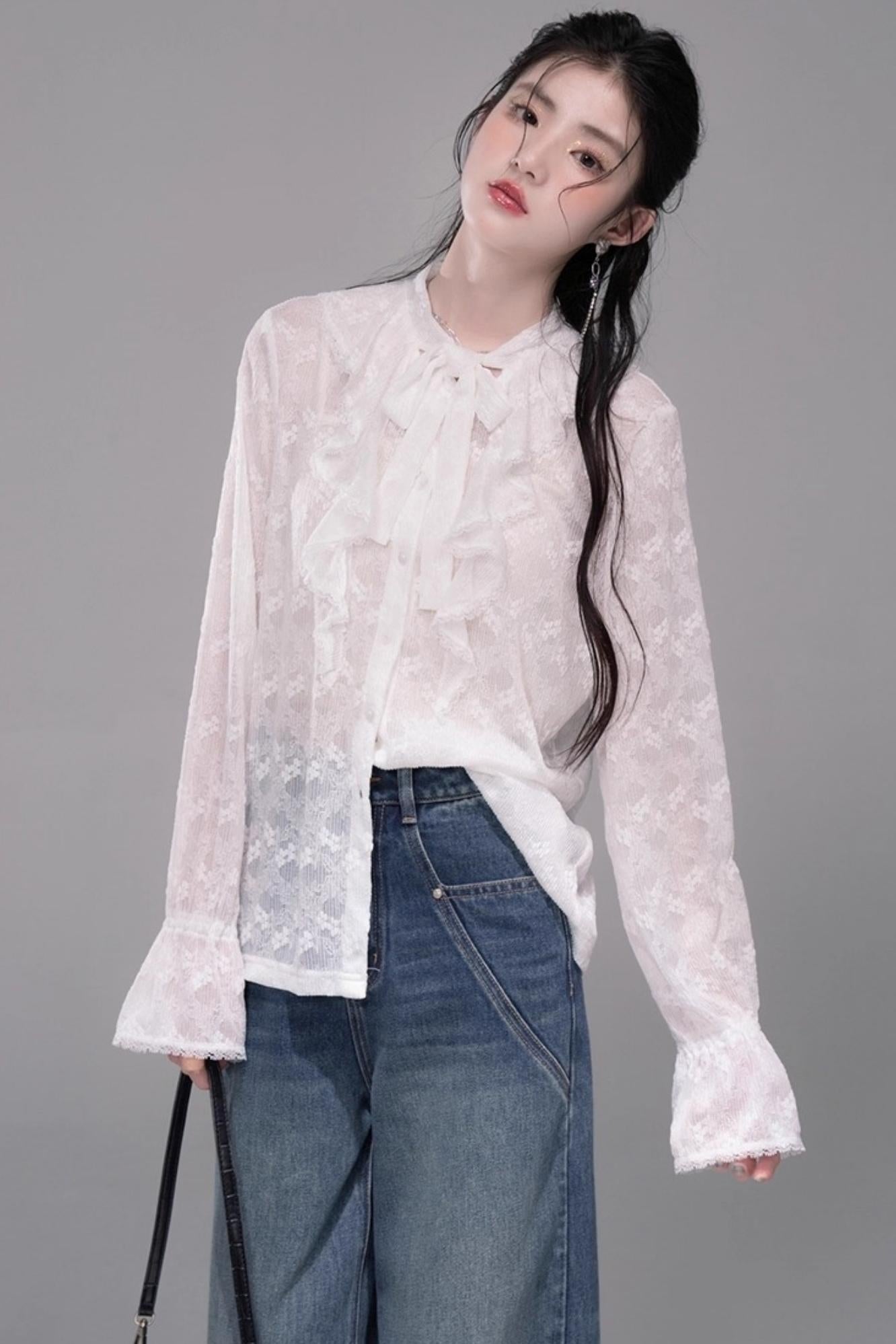 White Cloud Gauze Ruffled Shirt Set