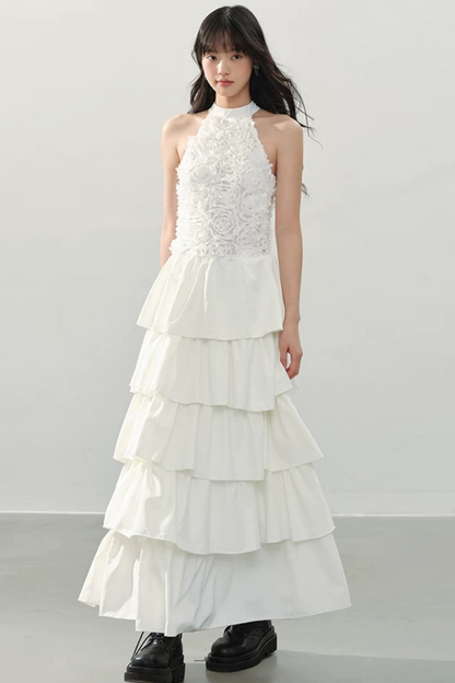 White Halter Floral Dress