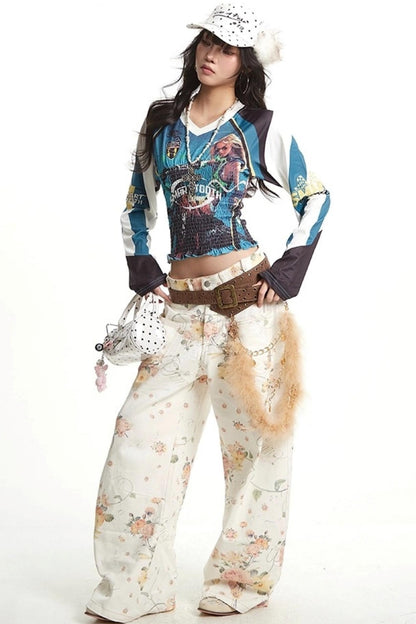 Vintage Floral Embroidery Wide-Leg Jeans