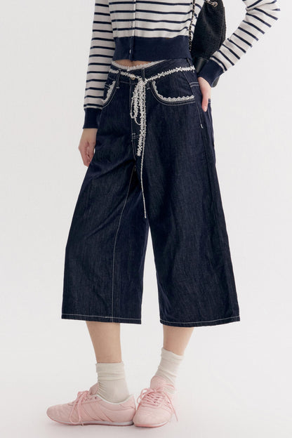 Lazy French Lace Wide-leg Denim Pants