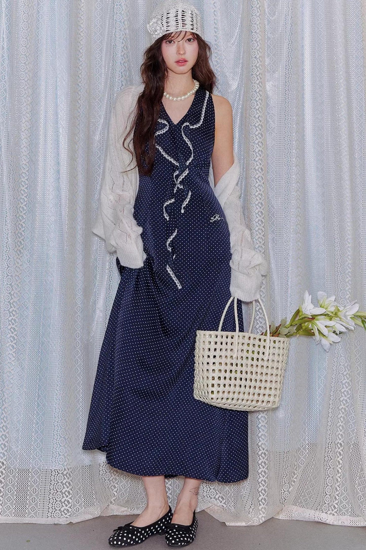 Marineblaues Rüschen-Spitzenkleid