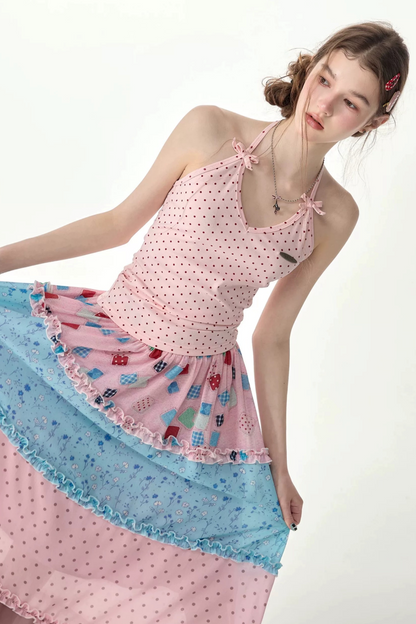 Rosa gepunktetes Neckholder-Tanktop