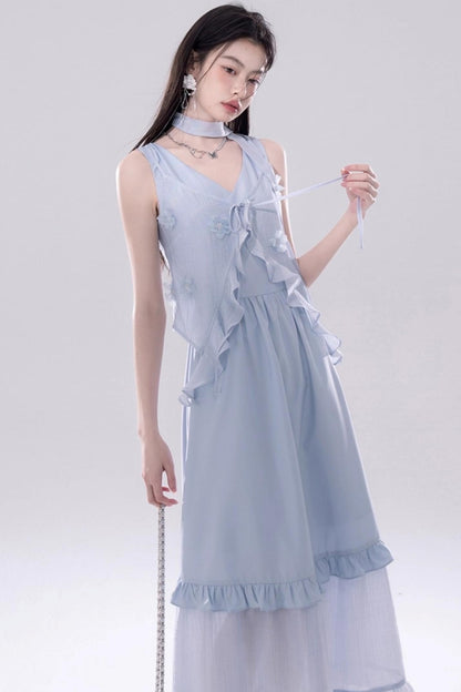 Romantic Blue Flower Cardigan Skirt Set