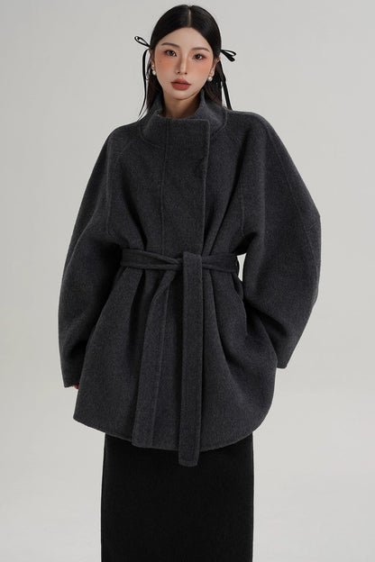 Elegant Woolen Lace-Up Coat