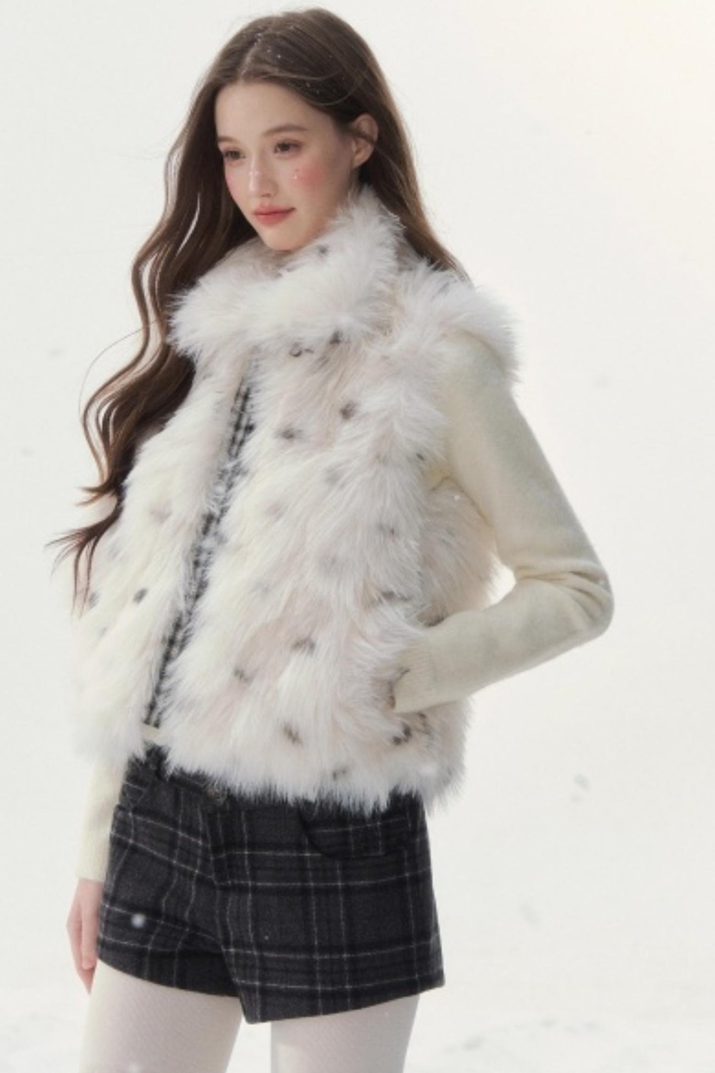 Polka Dot Plaid Fur Coat