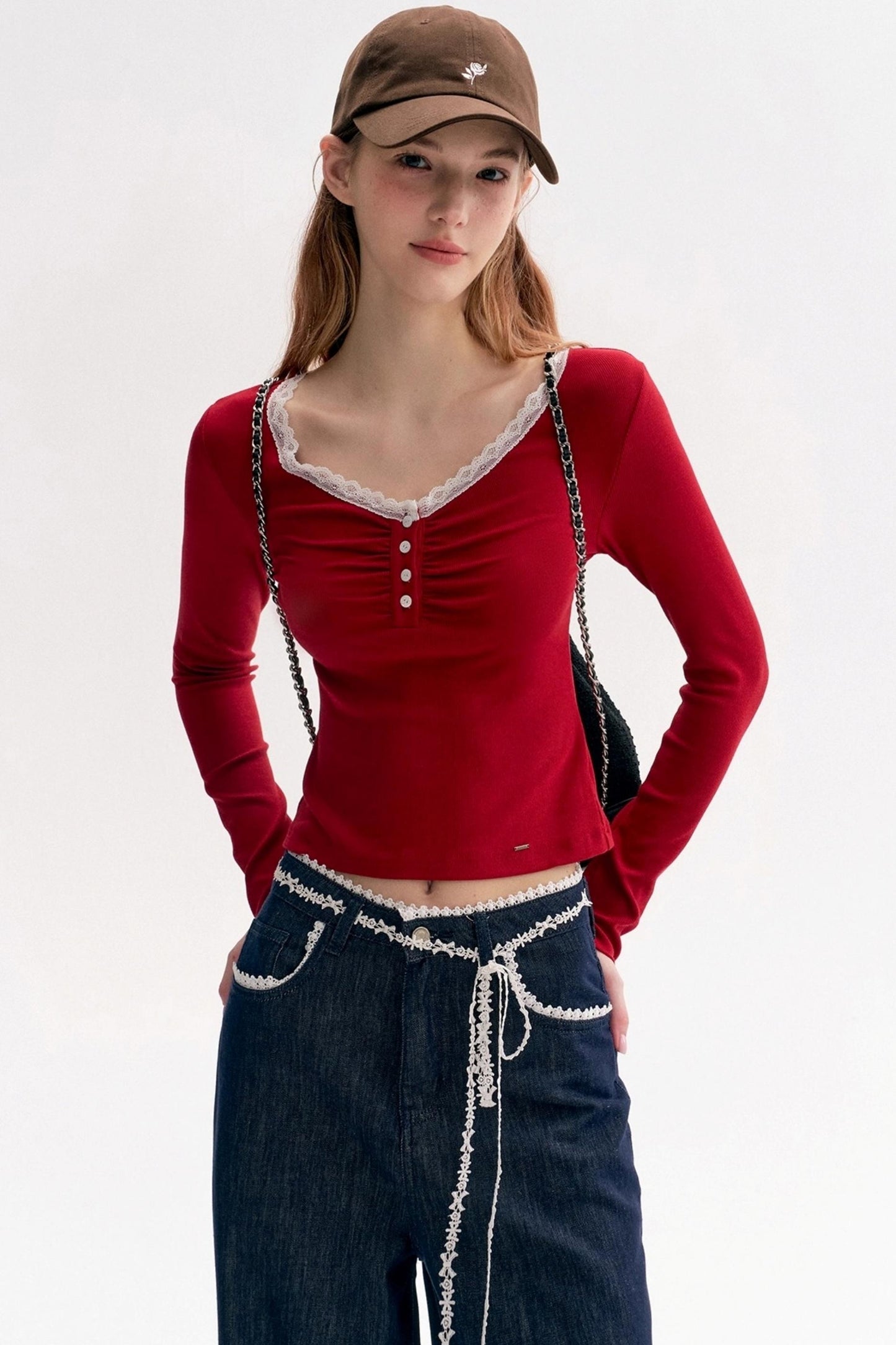 Lace Panel Bow Wide-Leg Jeans