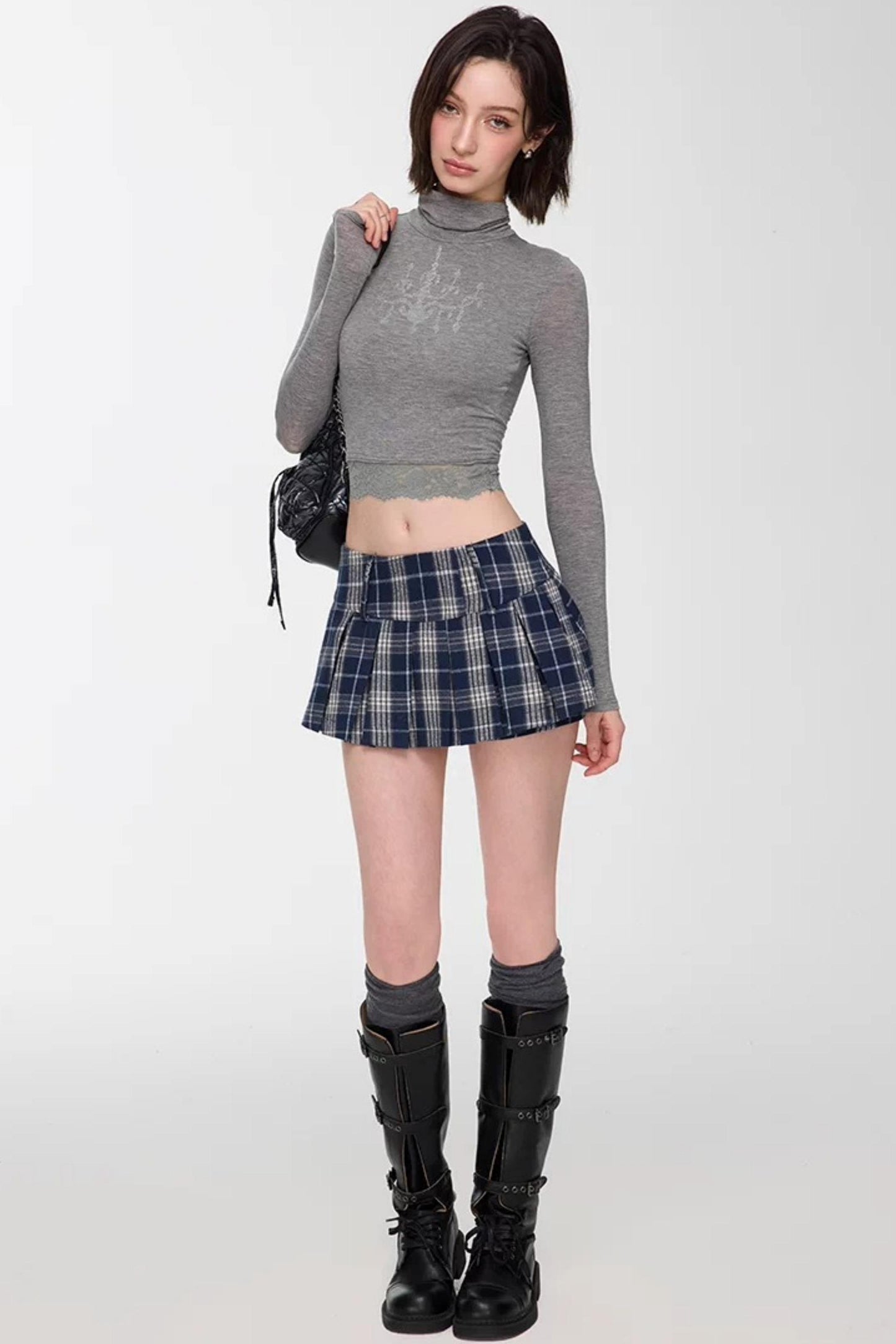 Blue Plaid Pleated Skirt