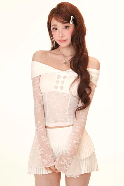 Completo Top e Gonna Patchwork in Pizzo Tè Bianco