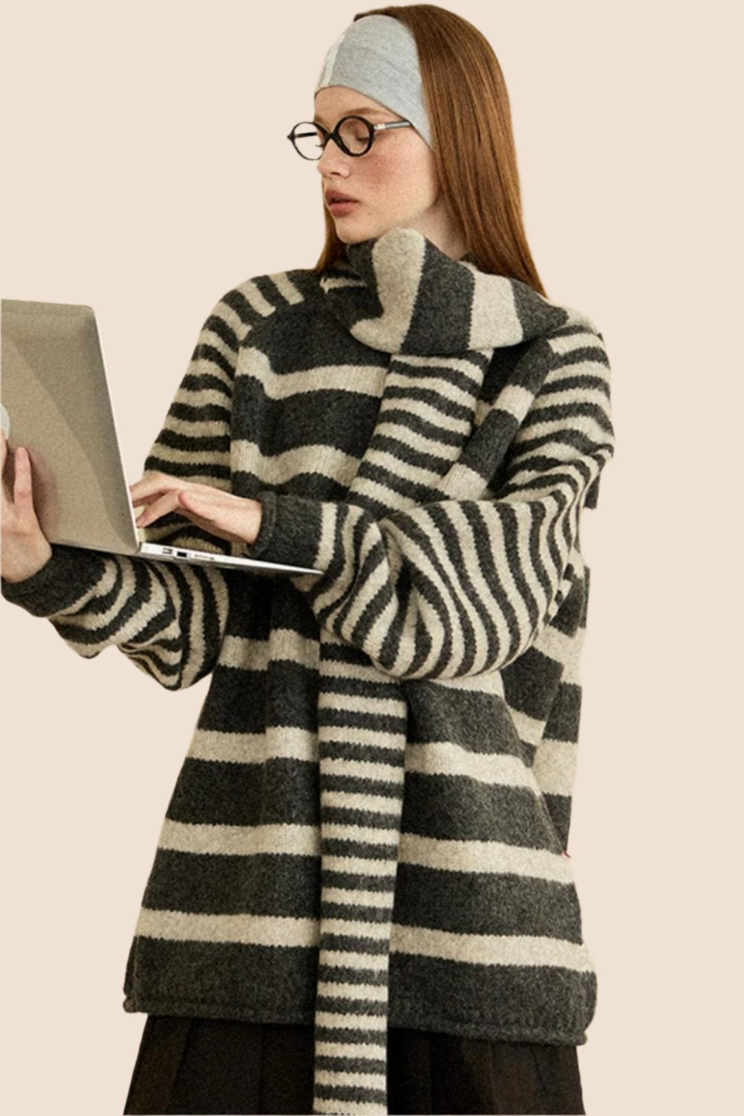 Thickened Striped Loose Knit Top Scarf Set