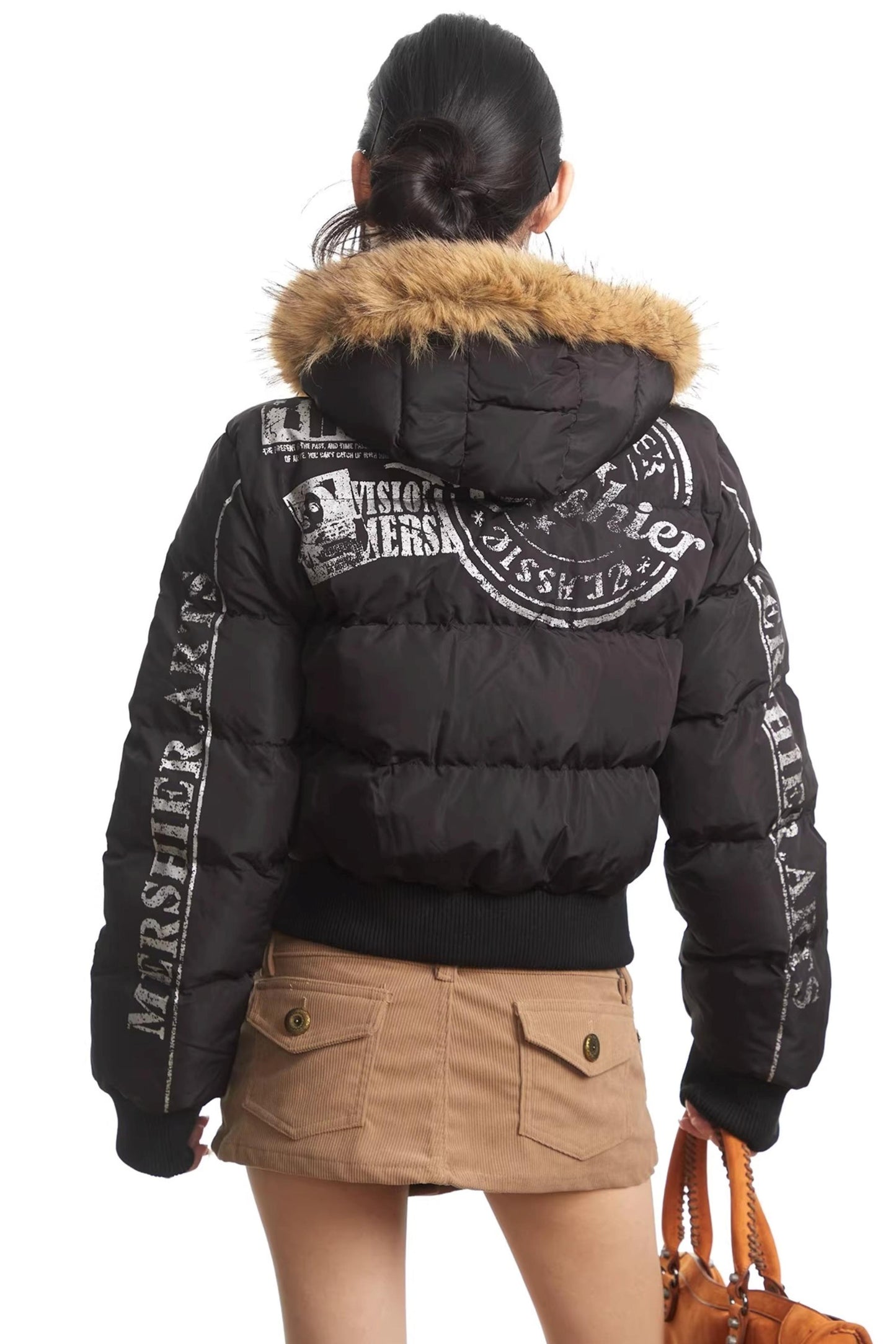 Printed Short Fur Collar Down Jacket