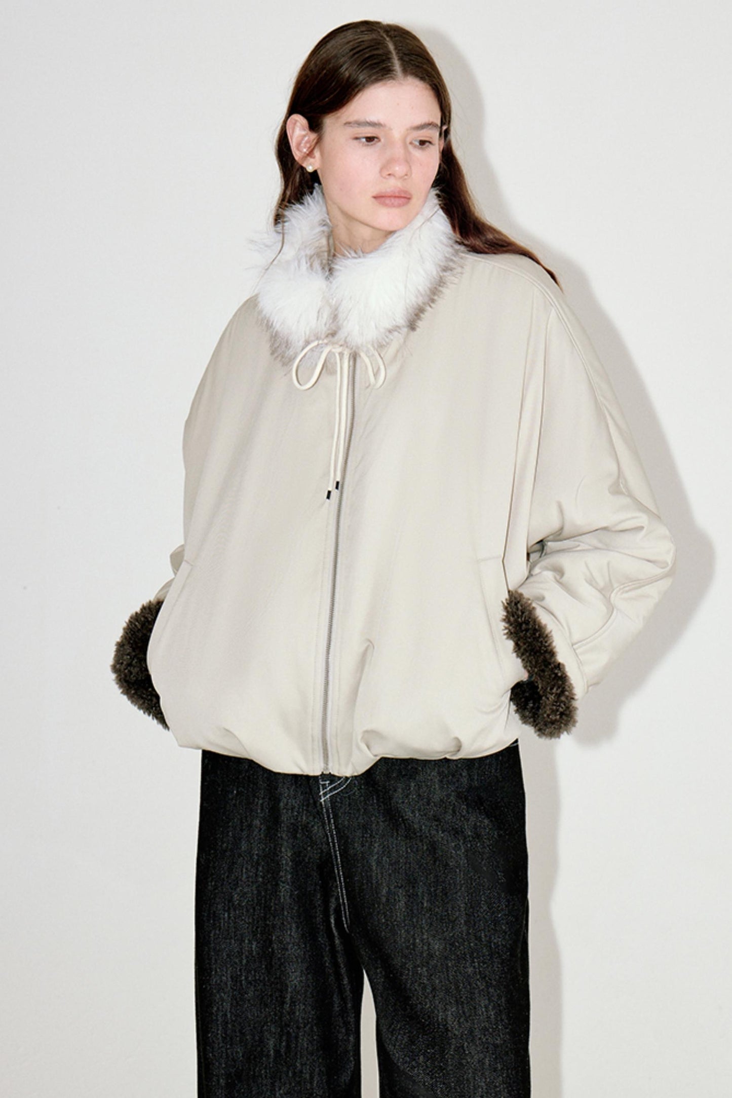 Beige Floral Fur Collar Jacket