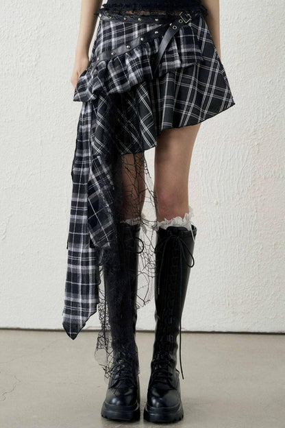 Irregular Hem Plaid Short Skirt