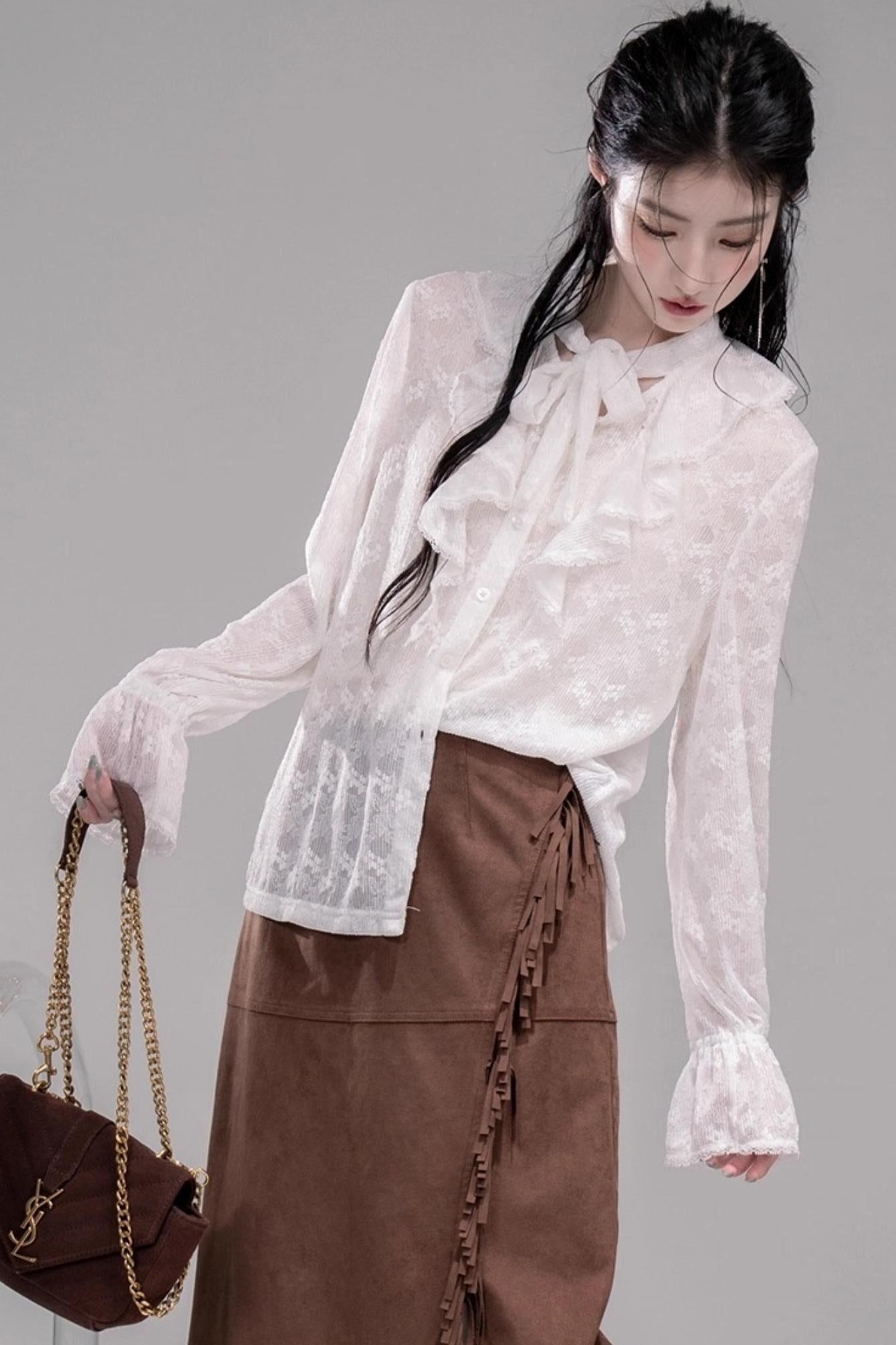 White Cloud Gauze Ruffled Shirt Set