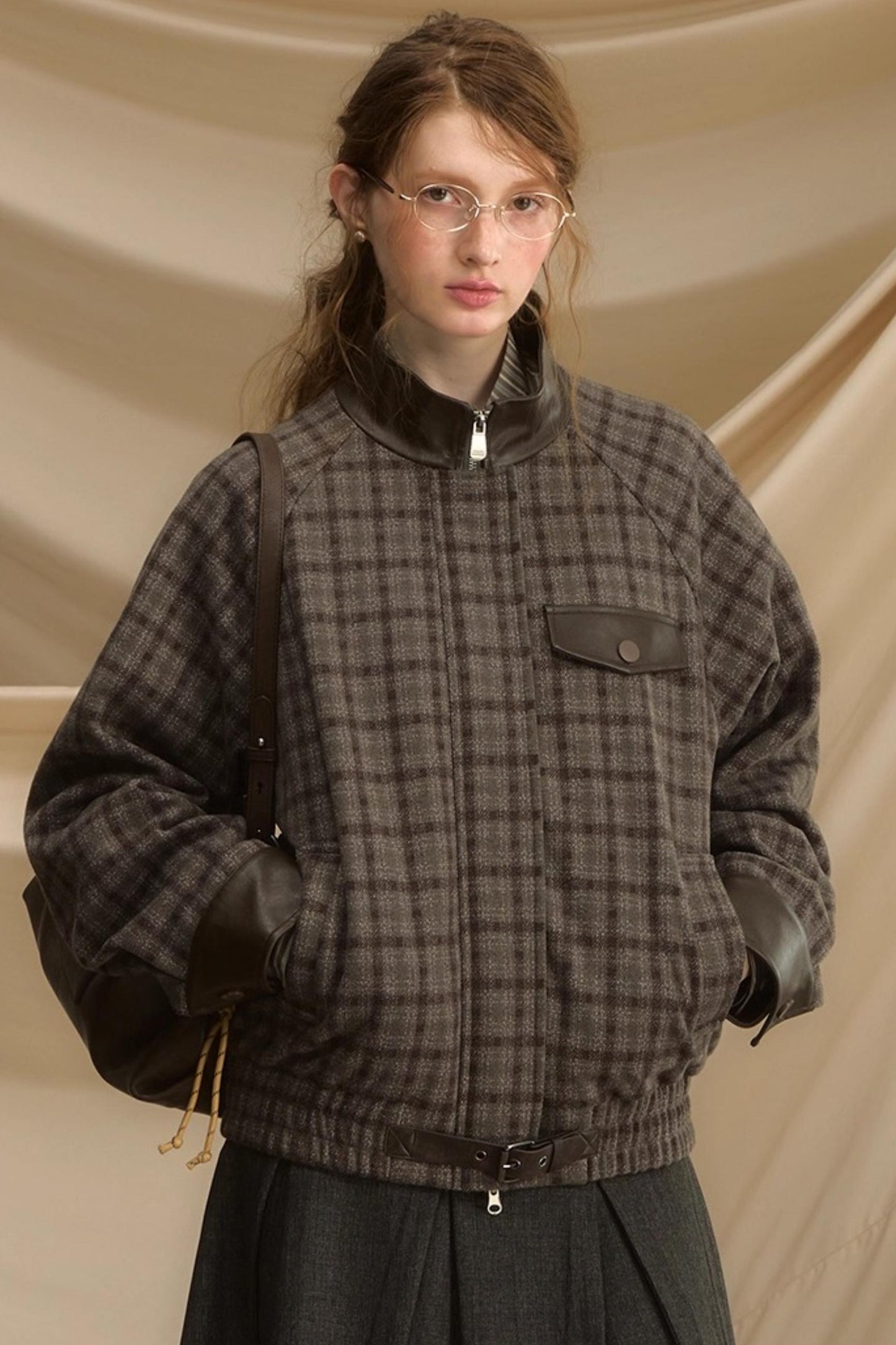 Stand Collar Plaid Woolen Jacket