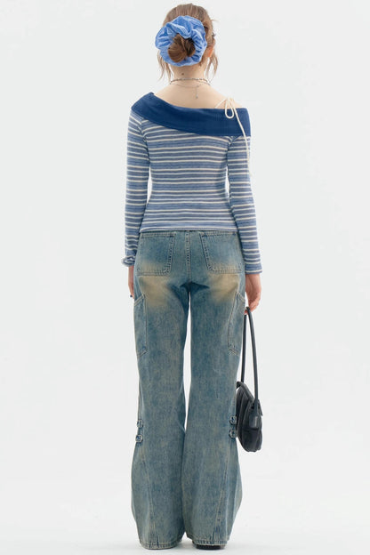 Dark Blue Stripe One-Shoulder Shirt