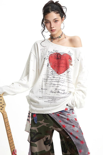 Vintage Love Print Slanted Shoulder T-Shirt